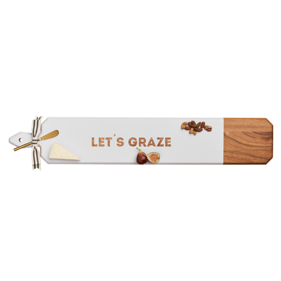 Acacia Heirloom Board Skinny In White Color w/ Gold Spreader & Ribbon | Let's Graze | 34 x 6"