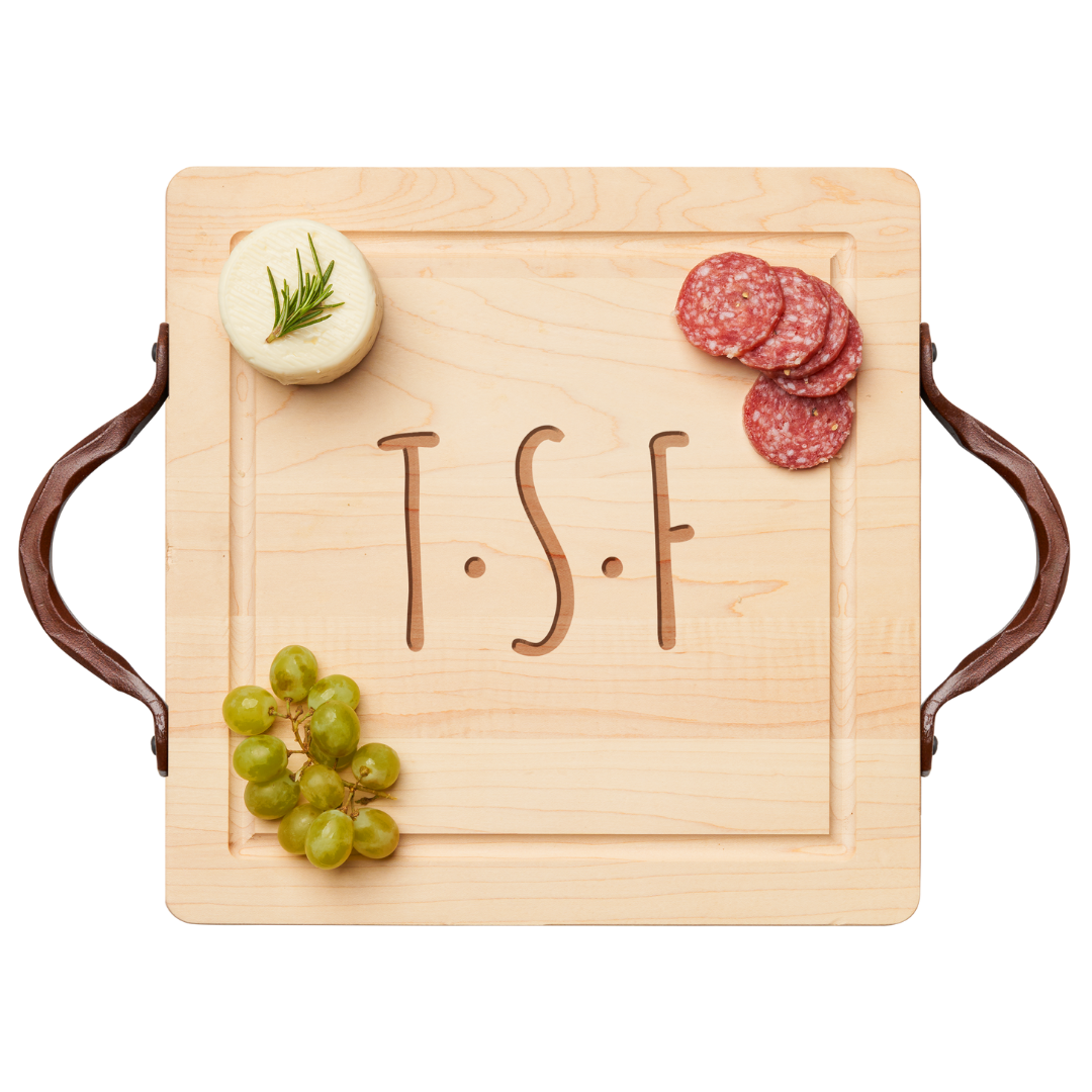Maple Wood Cutting & Cheeseboard Square | Traditional Handles | Personalize | 12 x 12"