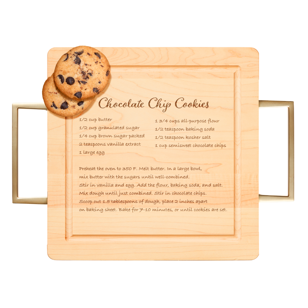 Maple Wood Cutting & Cheeseboard Square | Gold Handles | Recipe Board | 12 x 12"
