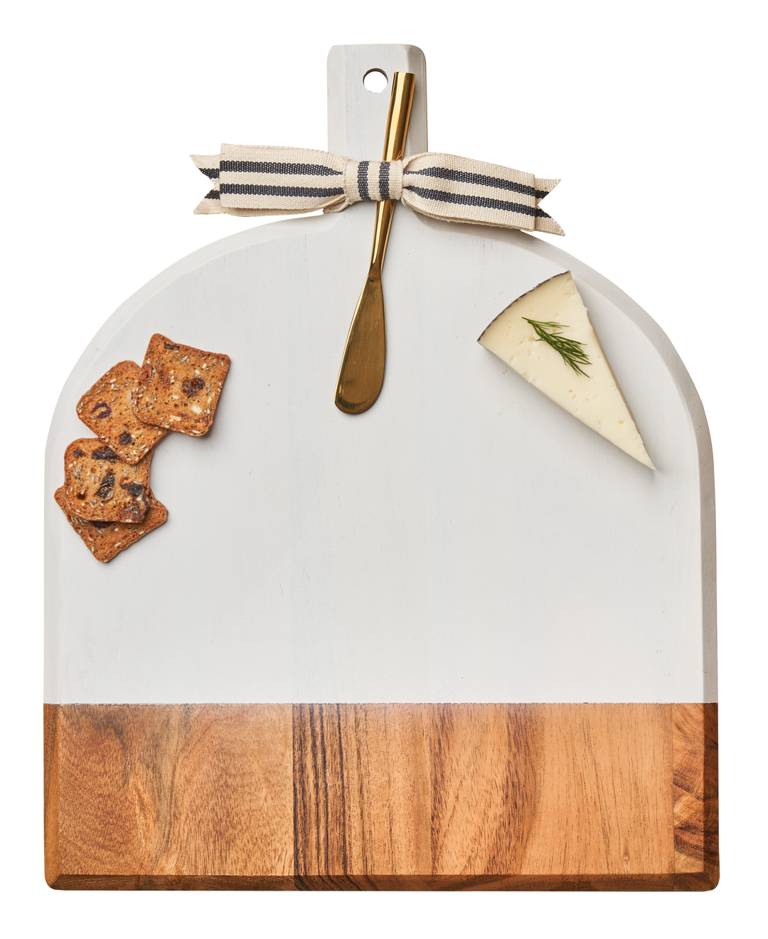 Acacia Bevel Board White w/ Ribbon & Gold Spreader Knife | 15" X 12" X .6"