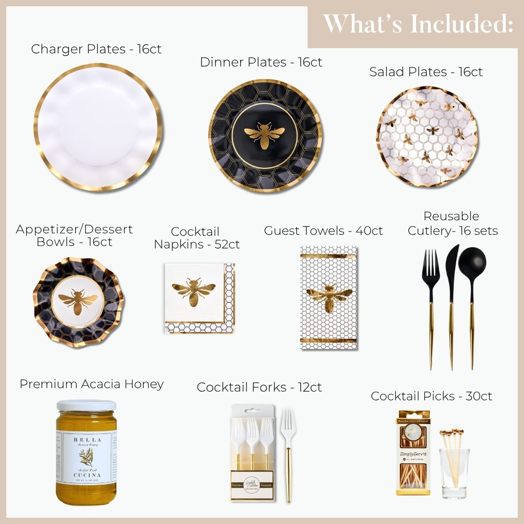 Flat lay featuring the Sophistiplate “Rosh Tablescape for 16 Guests: Honeybee” set, showcasing heavy-duty paper plates, bowls, napkins, guest towels, cutlery sets including forks and cocktail picks—all with elegant gold and black bee-themed accents—plus honey containers and clearly labeled quantities for a delightful Rosh Hashanah table setting.