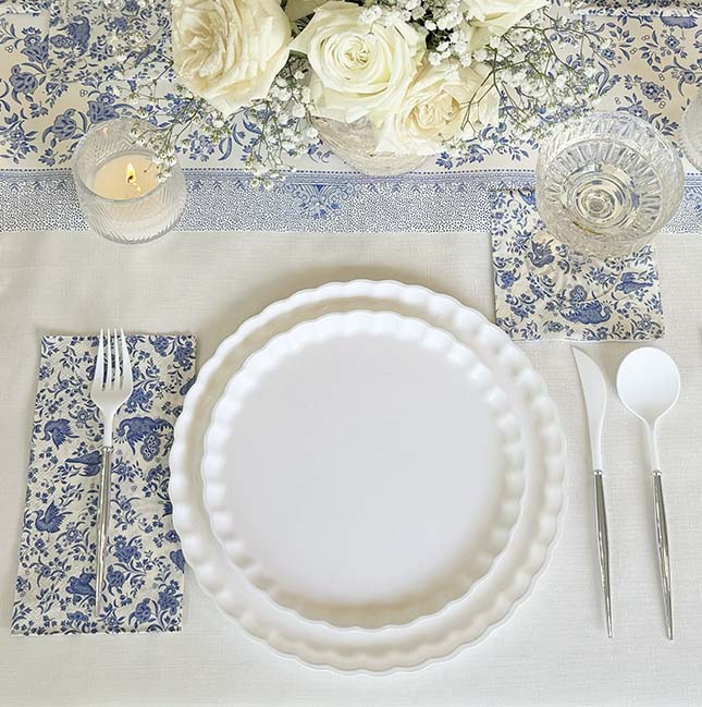 Royal Peacock Table Setting: Eco White & Blue