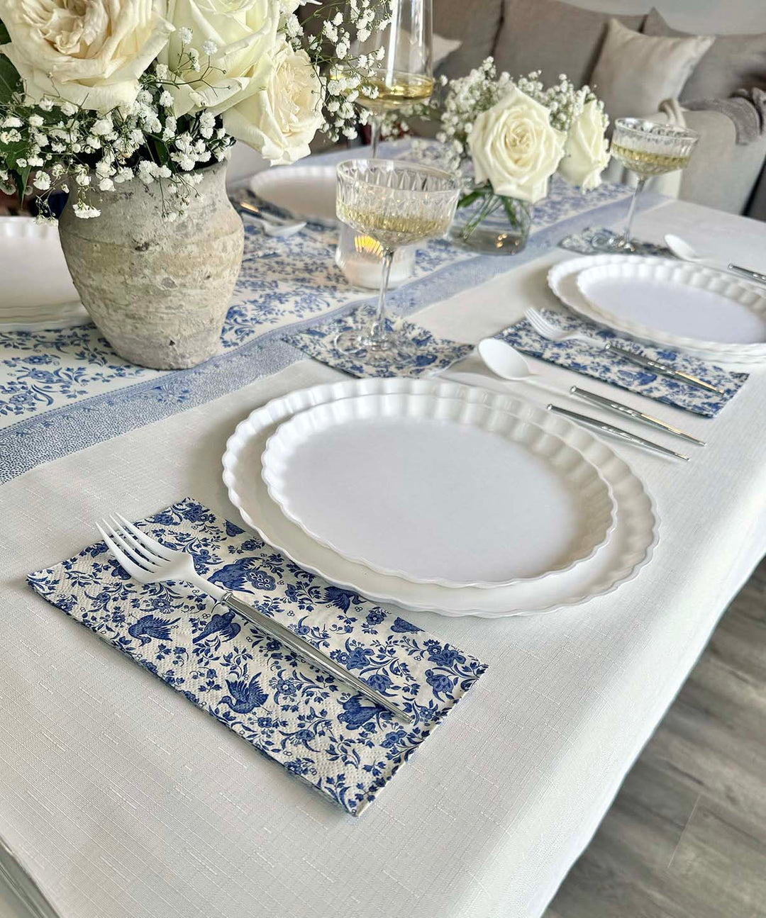 Royal Peacock Table Setting: Eco White & Blue