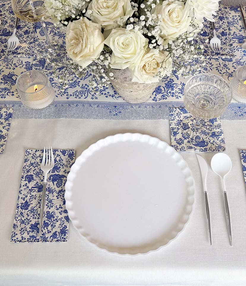 Royal Peacock Table Setting: Eco White & Blue