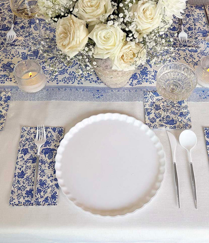 Royal Peacock Table Setting: Eco White & Blue