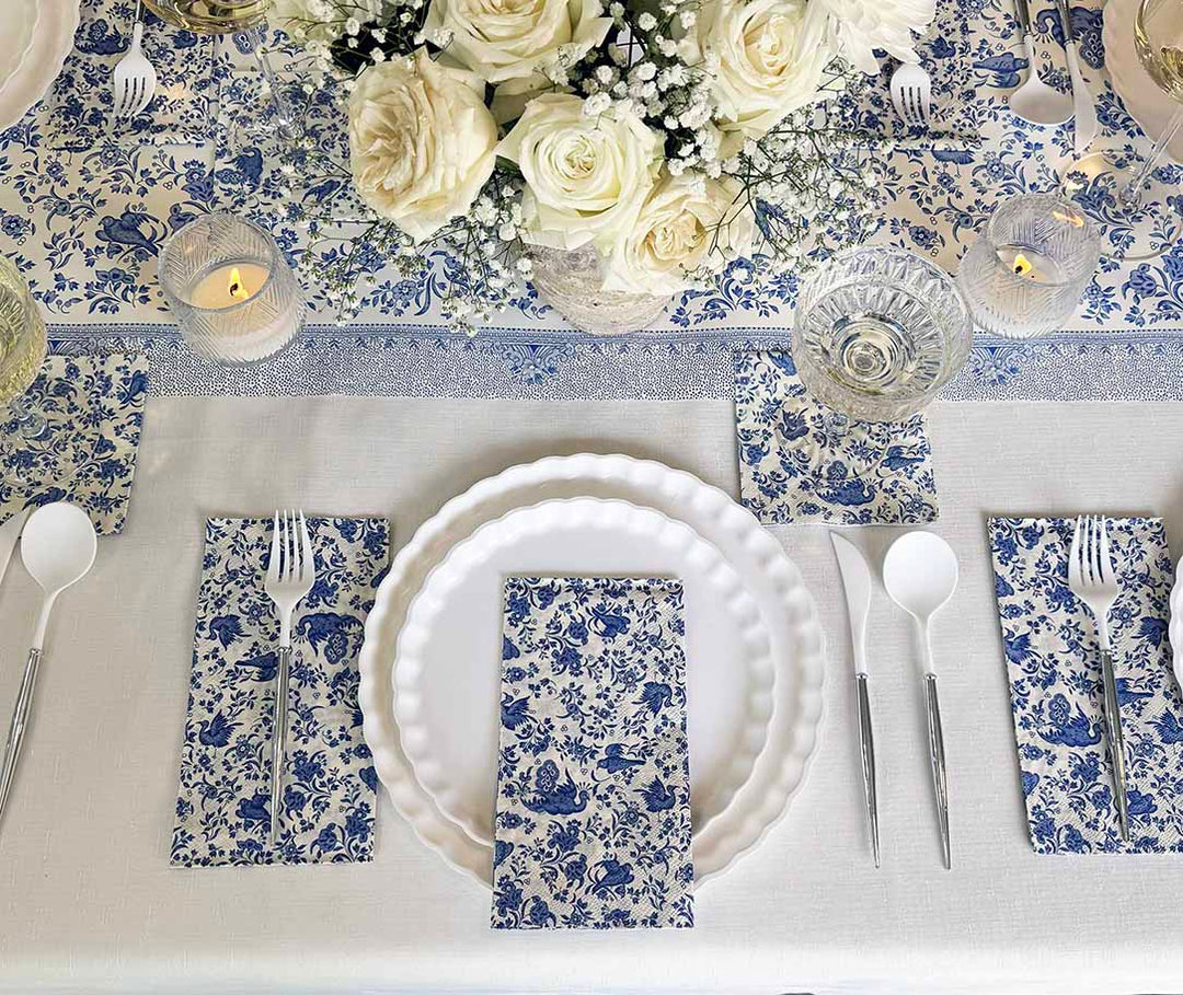 Royal Peacock Table Setting: Eco White & Blue