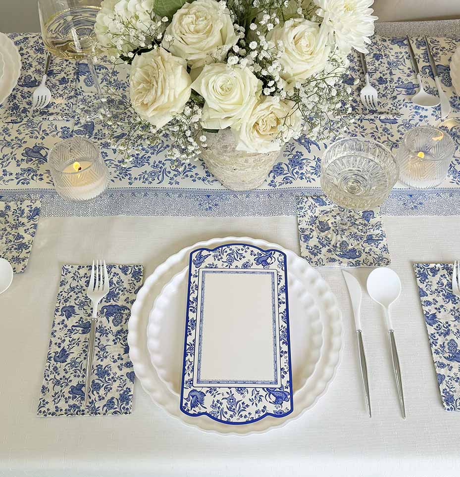Royal Peacock Table Setting: Eco White & Blue