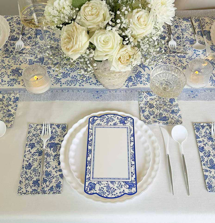 Royal Peacock Table Setting: Eco White & Blue