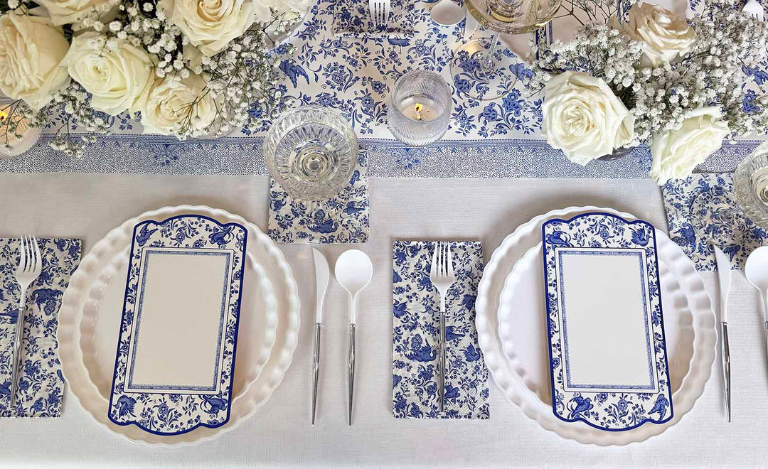 Royal Peacock Table Setting: Eco White & Blue