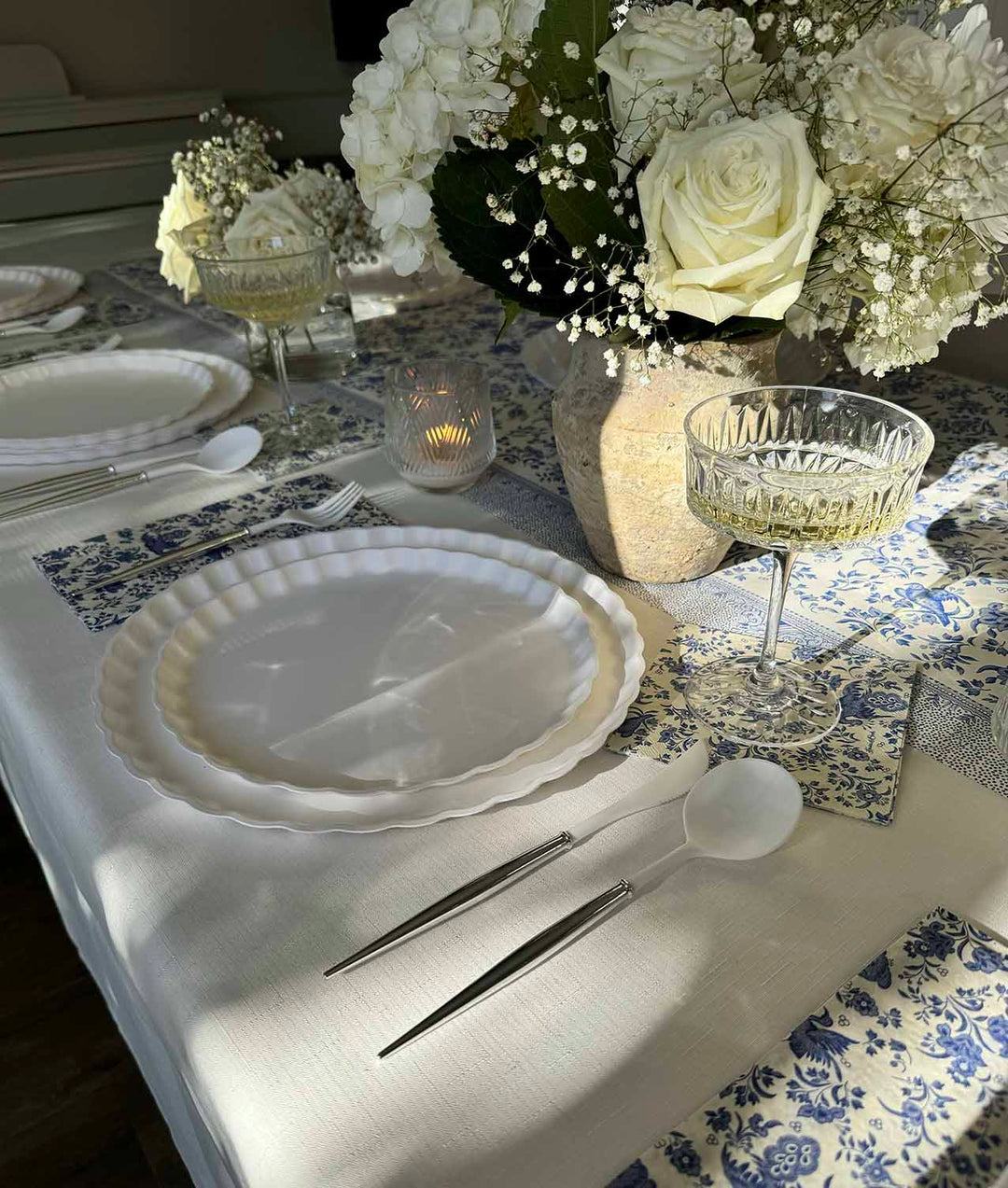 Royal Peacock Table Setting: Eco White & Blue