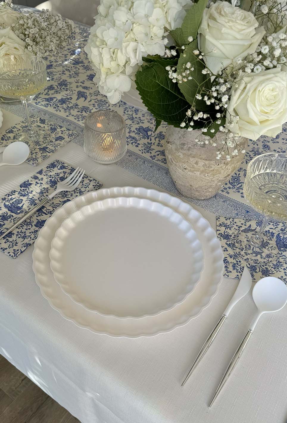 Royal Peacock Table Setting: Eco White & Blue