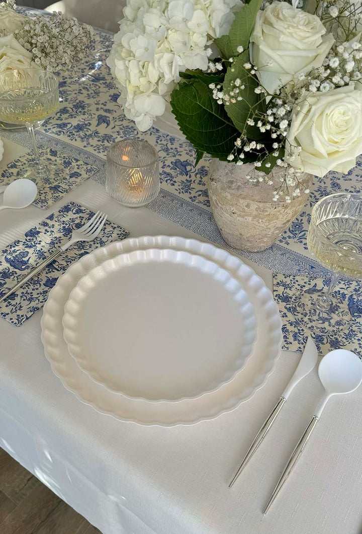 Royal Peacock Table Setting: Eco White & Blue
