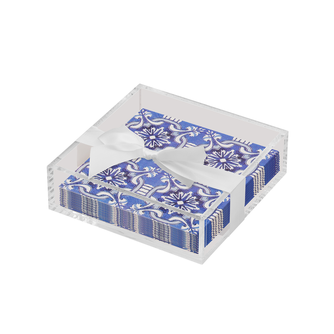 Acrylic Napkin Tray, Clear with Cocktail Napkin - Moroccan Nights