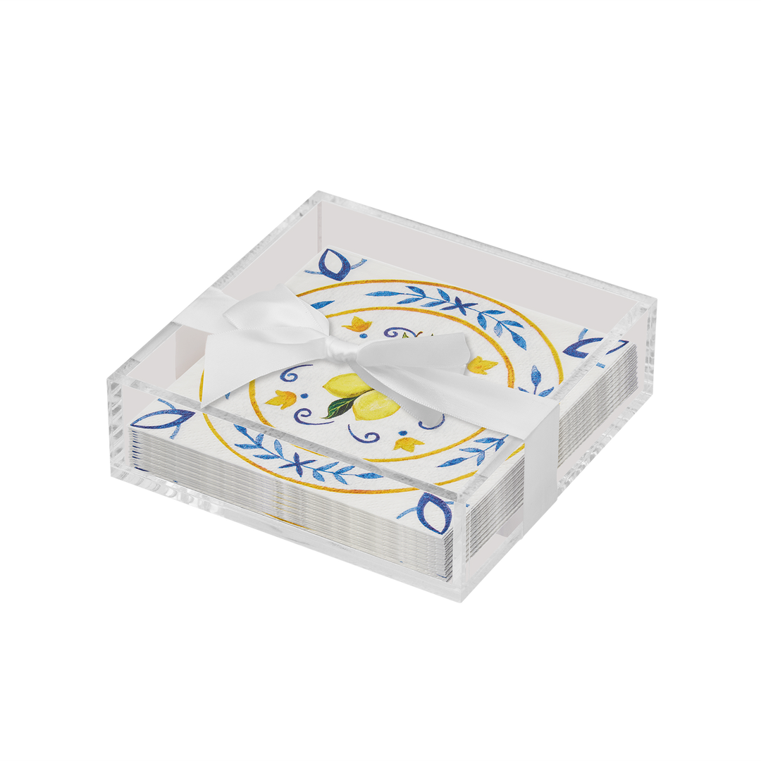 Acrylic Napkin Tray, Clear with Cocktail Napkin - Capri Coast