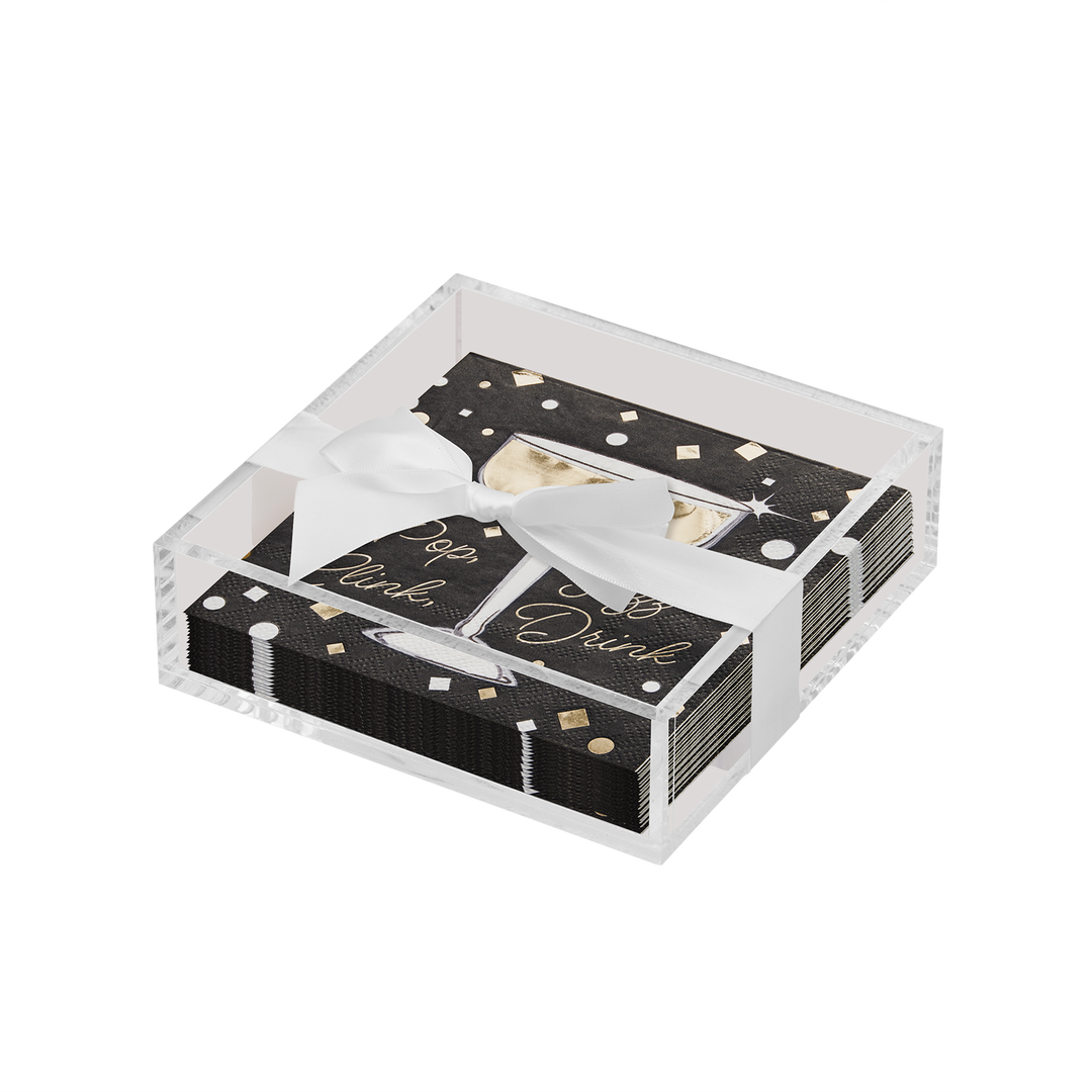 Acrylic Napkin Tray, Clear with Cocktail Napkin - Gold Disco Coupe Pop Fizz