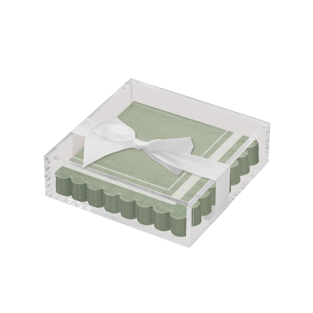 Acrylic Napkin Tray, Clear with Cocktail Napkin - Scalloped Edge Sage