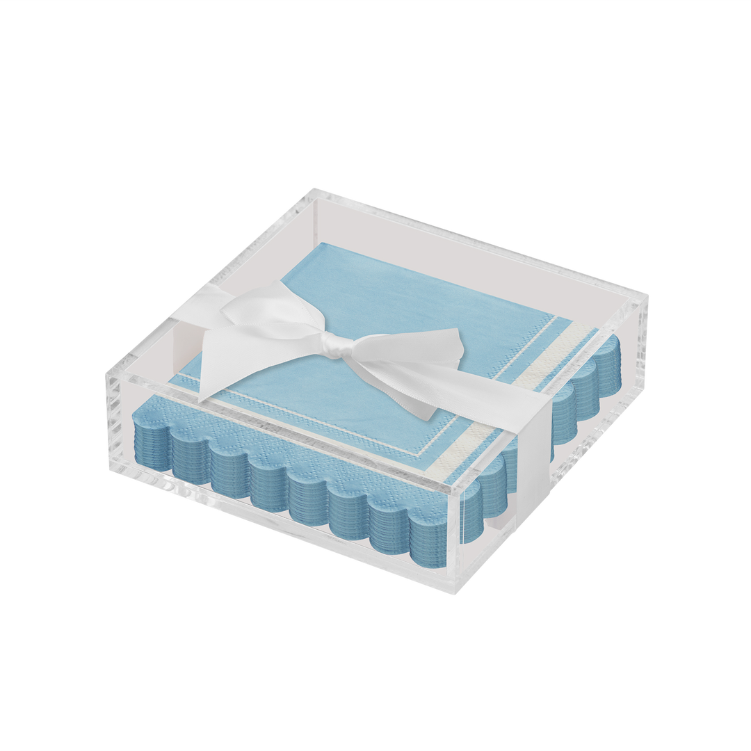 Acrylic Napkin Tray, Clear with Cocktail Napkin - Scalloped Edge Sky Blue