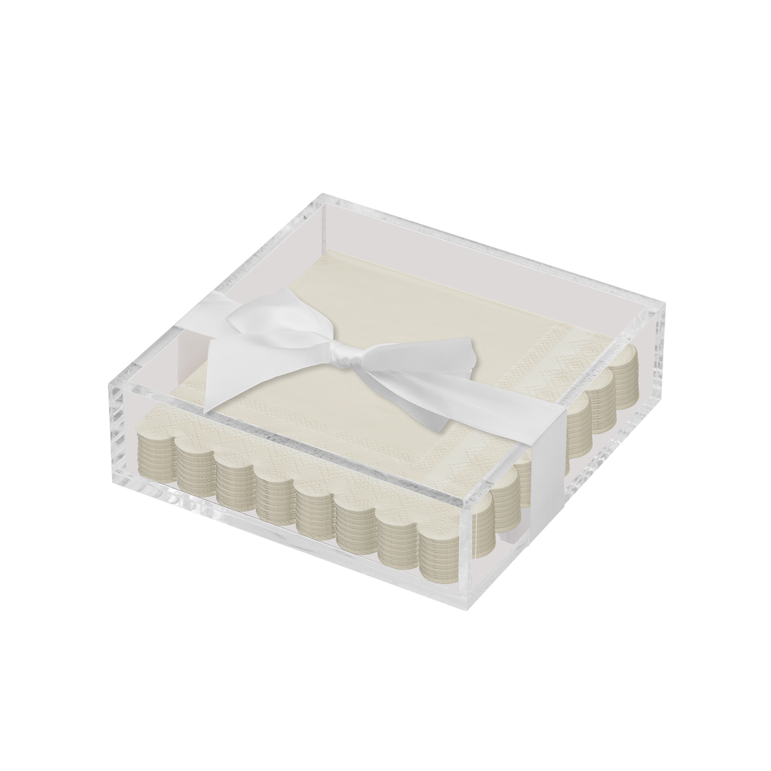 Acrylic Napkin Tray, Clear with Cocktail Napkin - Scalloped Edge Cream