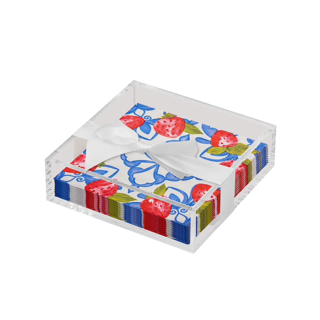 Acrylic Napkin Tray, Clear with Cocktail Napkin - Bleu Strawberries