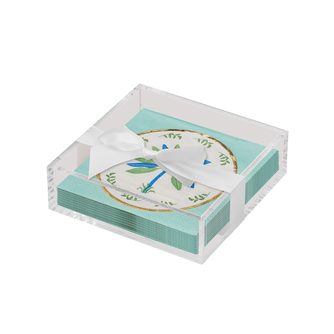 Acrylic Napkin Tray, Clear with Cocktail Napkin - Preppy Palm