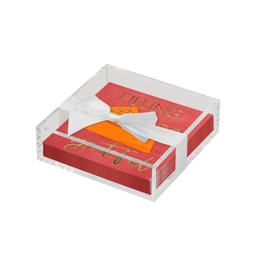 Acrylic Napkin Tray, Clear with Cocktail Napkin - Give Thanks, Filling So Grateful