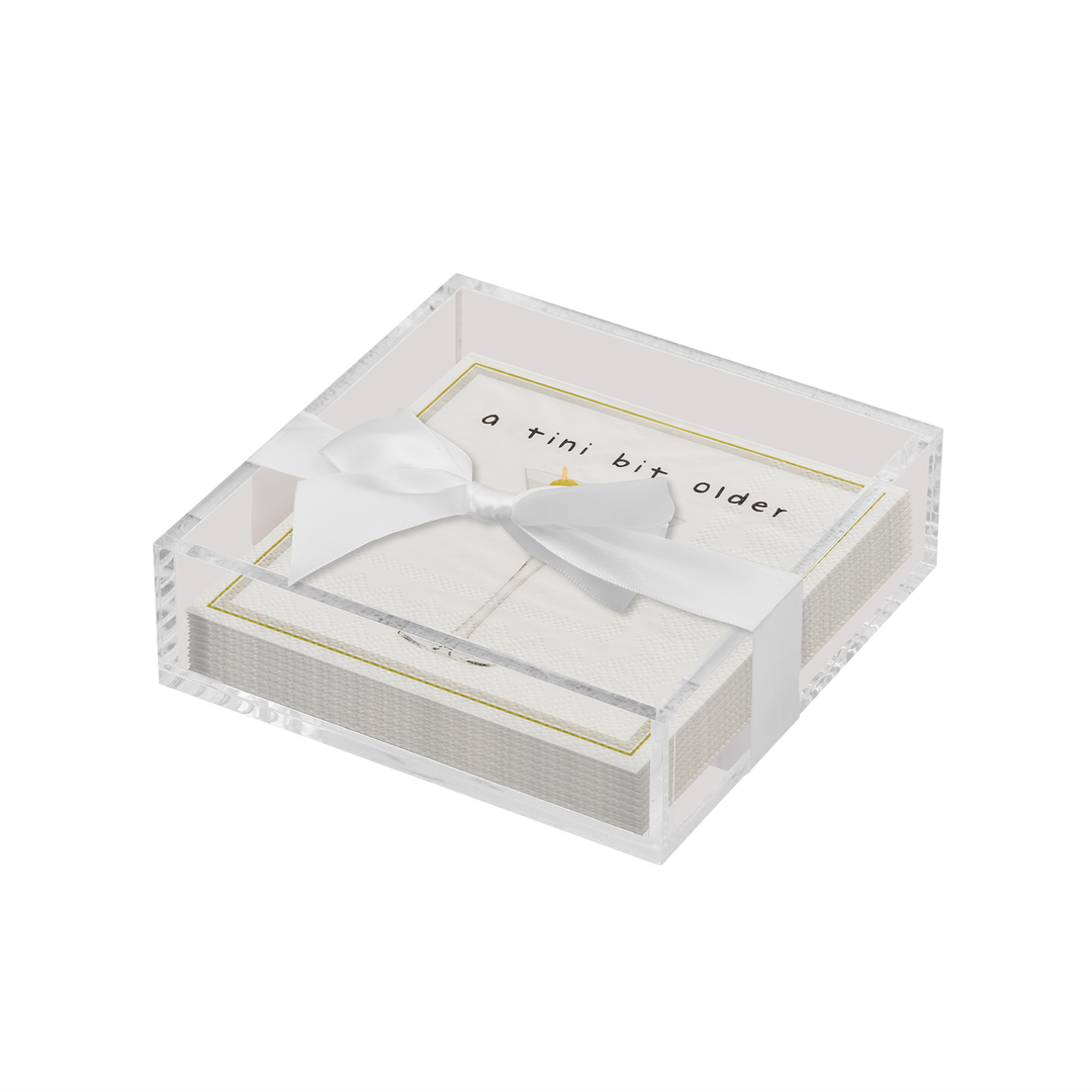 Acrylic Napkin Tray, Clear with Cocktail Napkin - Cocktail Cheers, A Tini Bit Older
