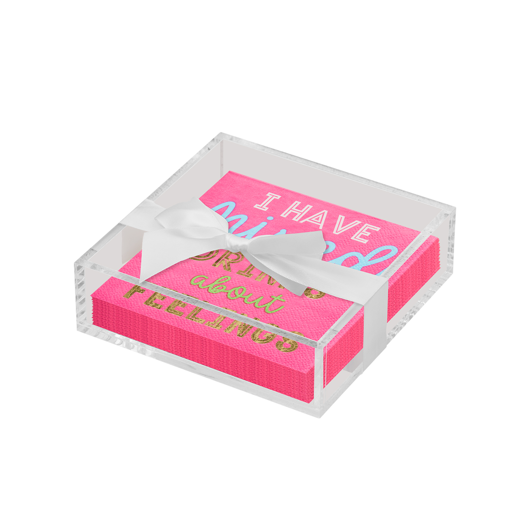 Acrylic Napkin Tray, Clear with Cocktail Napkin - Cocktail Cheers, I Have Mixed Drinks About Feelings