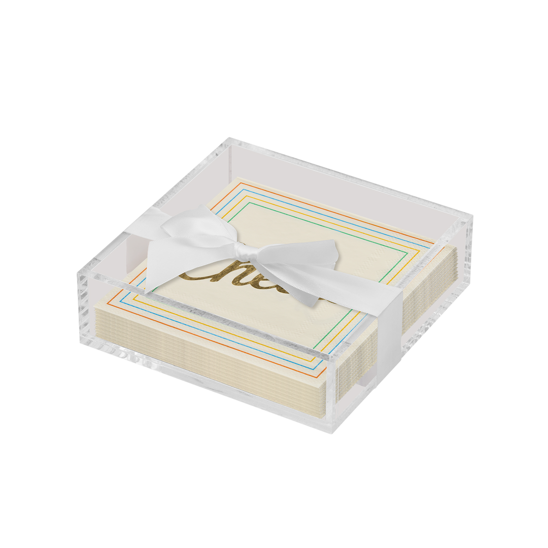 Acrylic Napkin Tray, Clear with Cocktail Napkin - Cocktail Cheers, Cheers