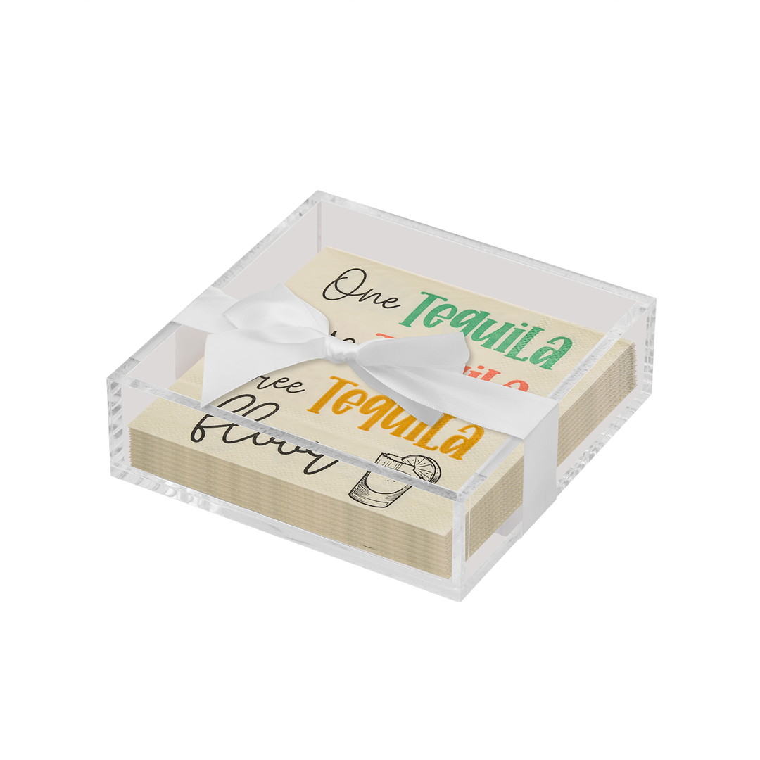 Acrylic Napkin Tray, Clear with Cocktail Napkin - Cocktail Cheers, One Tequila Two Tequila