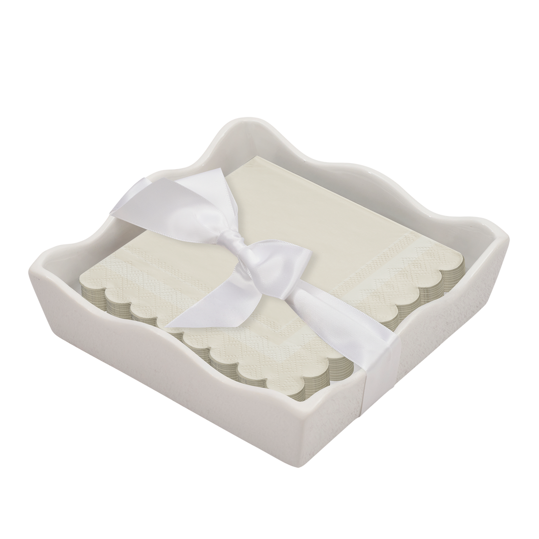 Ceramic Wave Napkin Tray with Cocktail Napkin - Scalloped Edge Cream