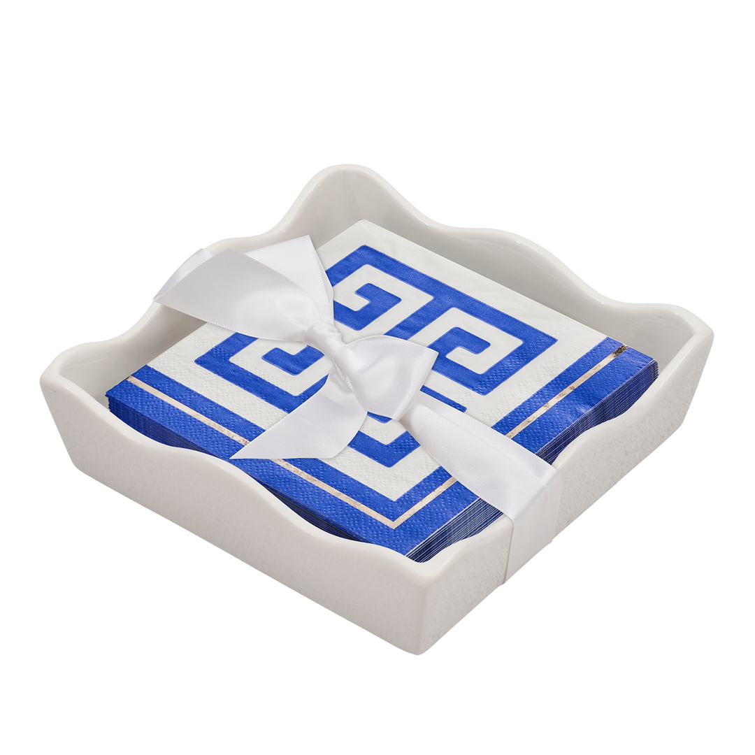 Ceramic Wave Napkin Tray with Cocktail Napkin - Greek Key