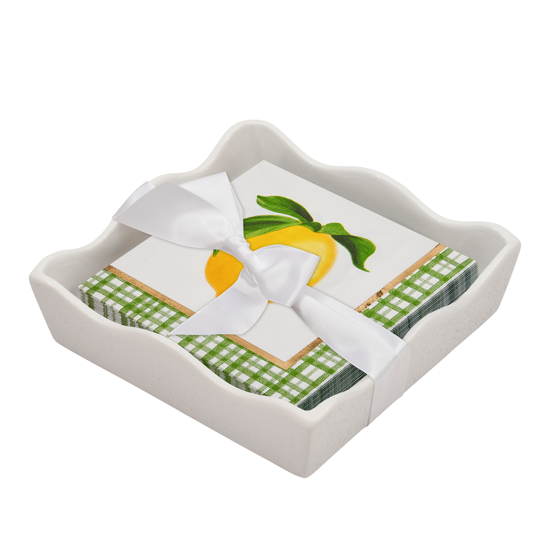 Ceramic Wave Napkin Tray with Cocktail Napkin - Lemon & Stem