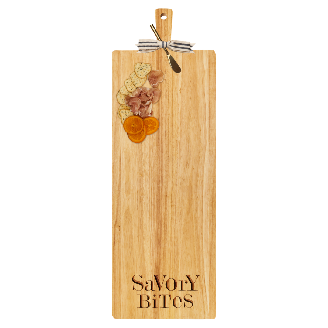 35" x 12" Rubber Wood Thick Handle Board with Gold Spreader | Savory Bites