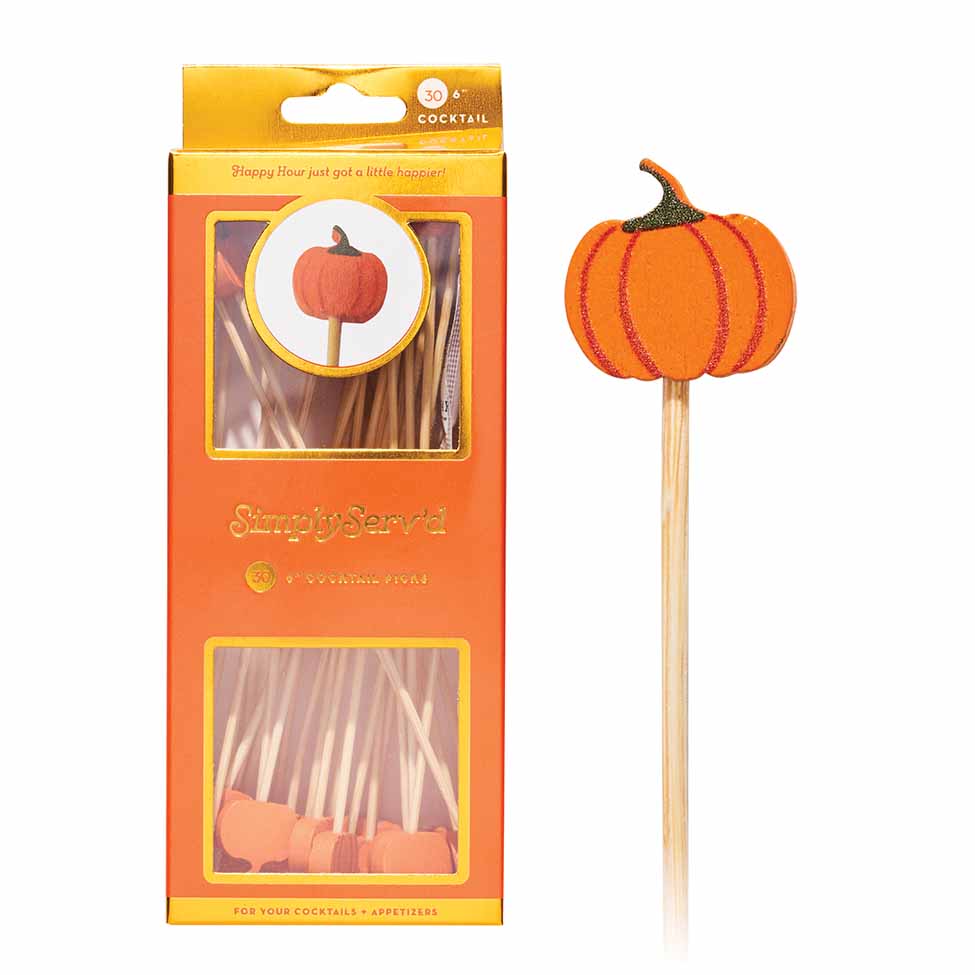 The Simply Serv'd Pumpkin Large Cocktail Picks/30pk features 30 wooden picks, each with a decorative orange pumpkin topper. The orange box has a clear window displaying the festive picks inside, with one pick shown separately for detail.