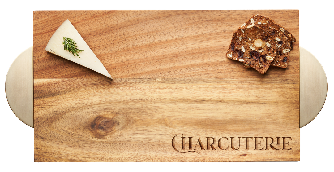 Modern Acacia Rectangle w/ Half Circle Gold Handles | Parisian Charcuterie | 14 x 8"