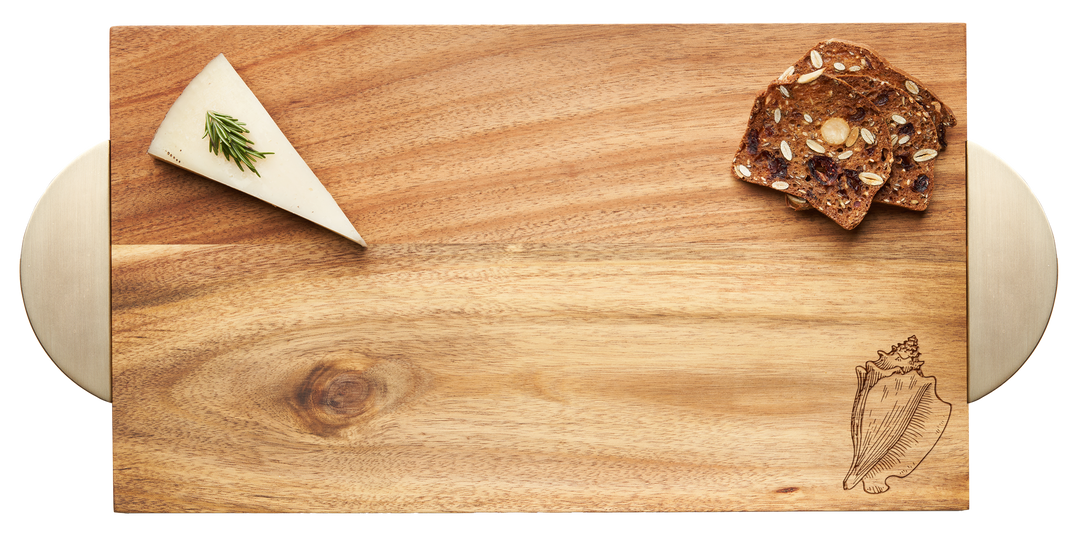 Acacia Modern Rectangle Board w/ Gold Handles | Conch Shell | 14 x 8"