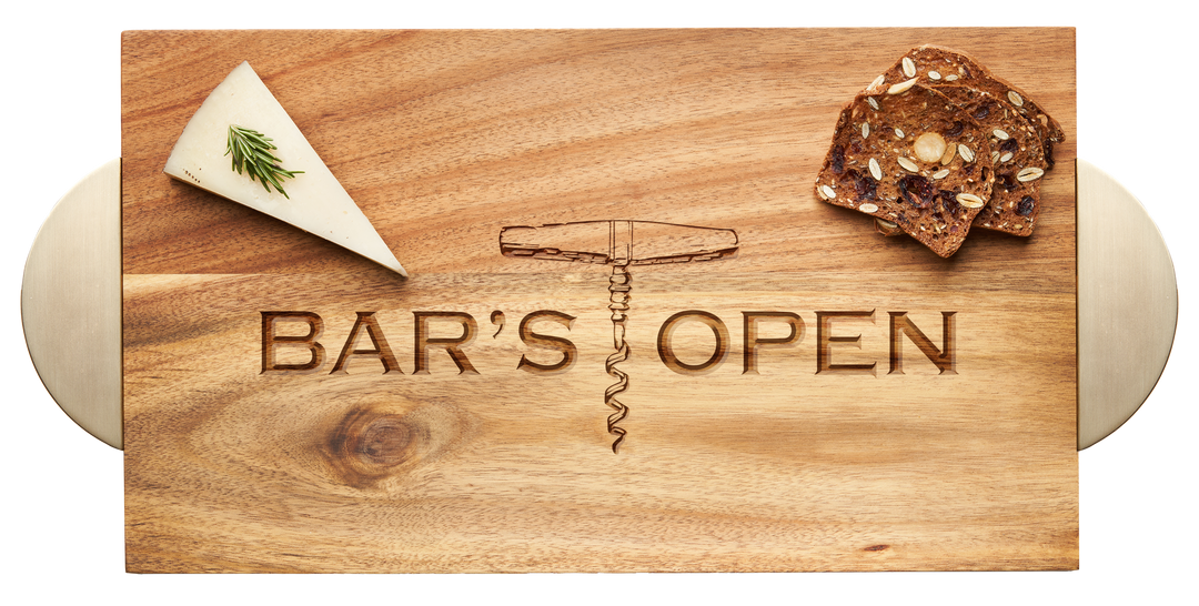 Acacia Modern Rectangle Board w/ Gold Handles | Bar's Open | 14 x 8"