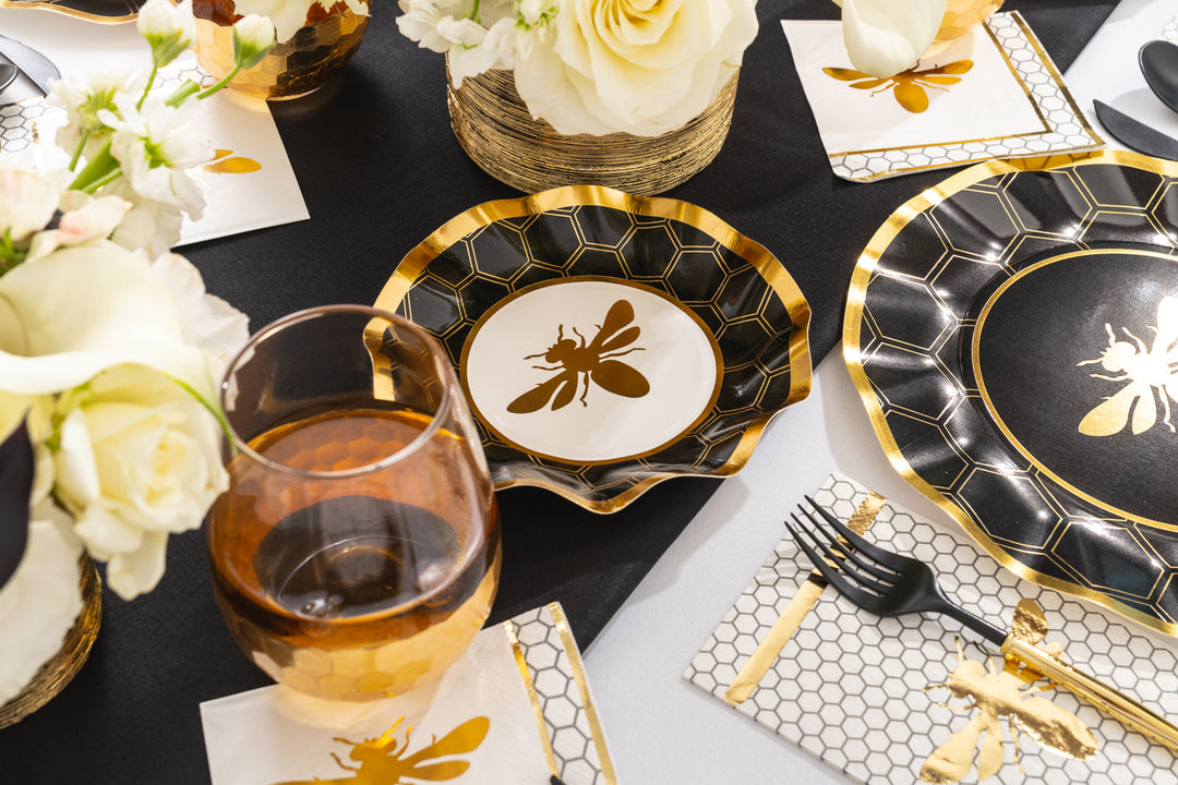 Black and gold honeybee table setting