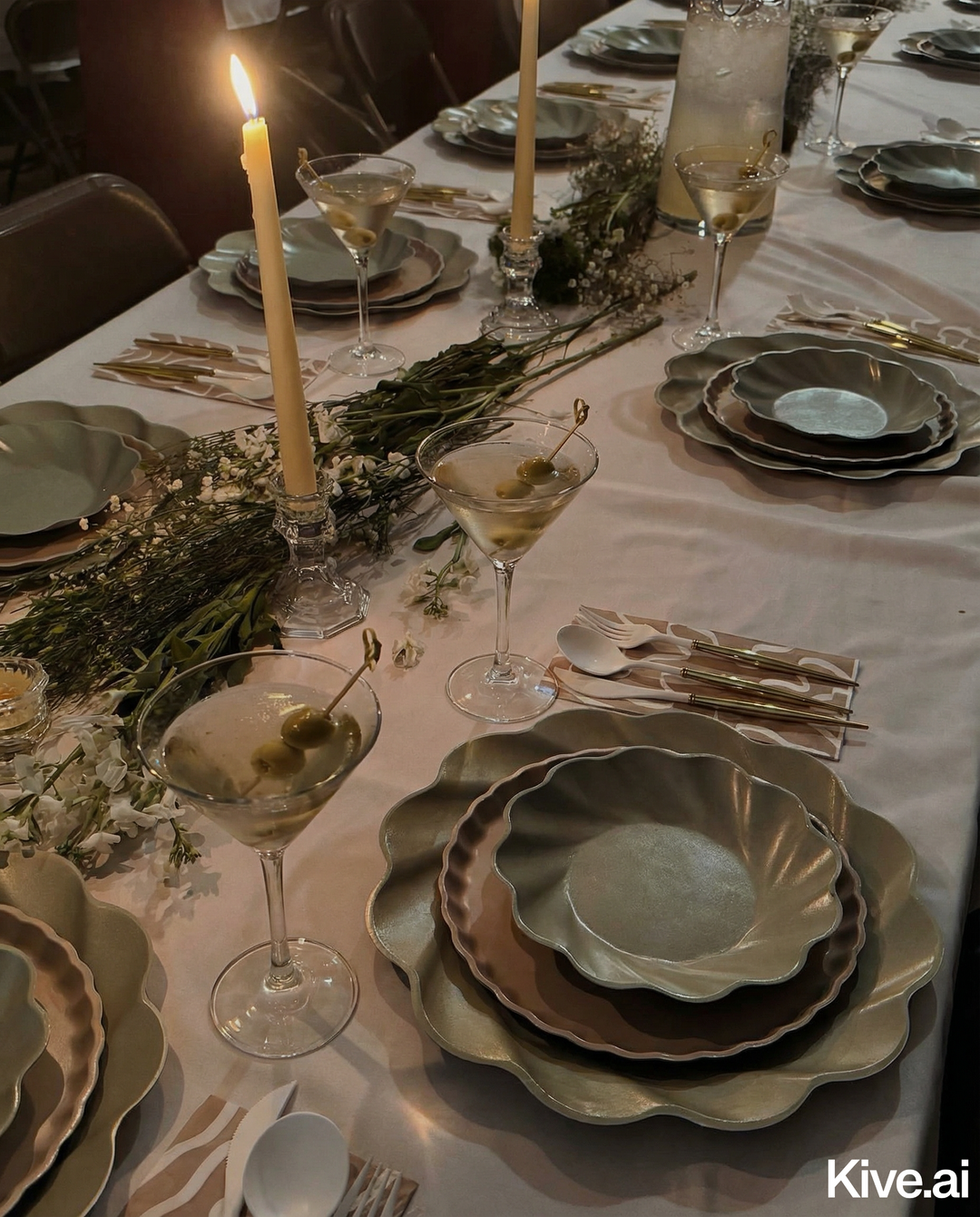 A beautifully set dinner table with layered scalloped plates, gold flatware, martini glasses with olives, tall lit candles, and greenery as a centerpiece on a white tablecloth.