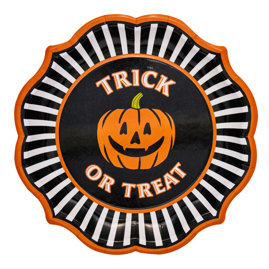 Add a festive flair to your Haunted Halloween Collection with the Sophistiplate Haunted Halloween Paper Dinner Plate 8-pack—featuring round plates with scalloped edges, black and white stripes, orange trim, a cheerful jack-o-lantern, and “Trick or Treat” in bold orange letters for the perfect spooky tableware accent.