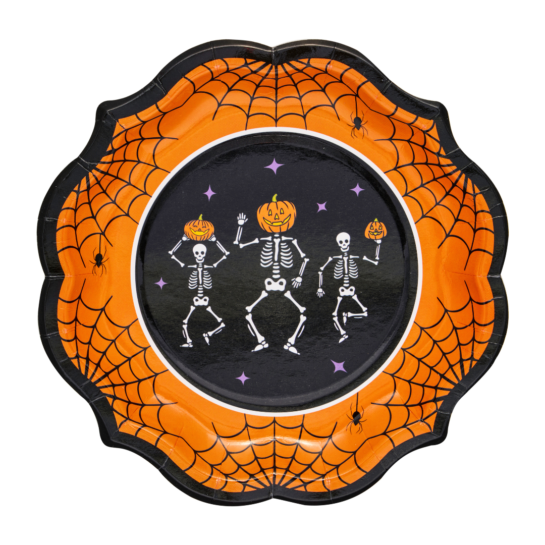 Part of the Haunted Halloween Collection, the Sophistiplate Haunted Halloween Paper Salad Plate/8pk features a scalloped orange edge, black spiderwebs and spiders, and showcases three dancing skeletons holding jack-o-lanterns against a black backdrop sprinkled with purple stars—making it a festive addition to any Halloween table setting.