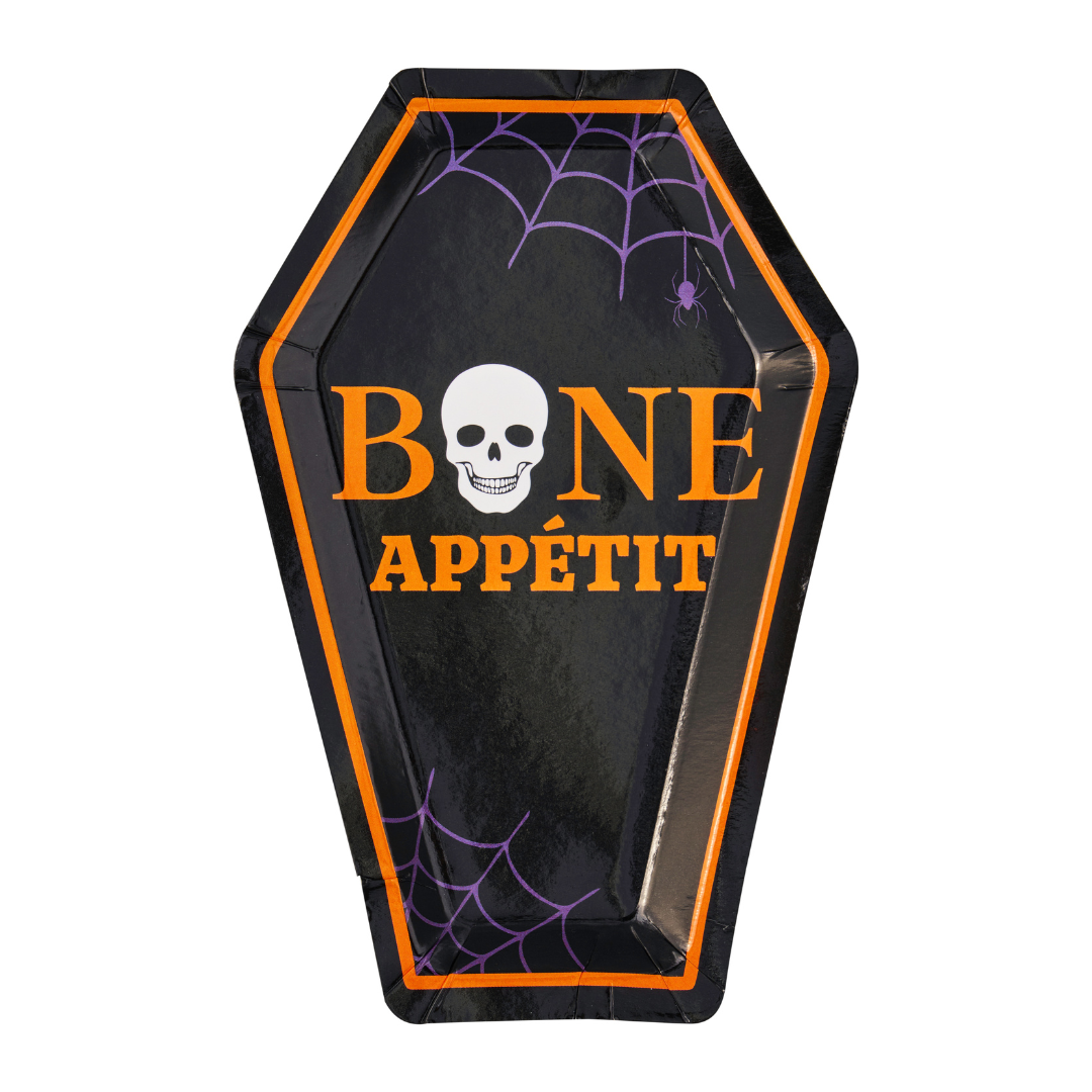 The Sophistiplate Haunted Halloween Die Cut Salad Plate (8pk) features a coffin-shaped black design accented with orange trim, purple spiderwebs, and the phrase “Bone Appétit” in orange text—complete with a skull replacing the O in “Bone.” Part of the Haunted Halloween Collection, this eye-catching piece of party tableware is perfect for serving treats at your celebration.