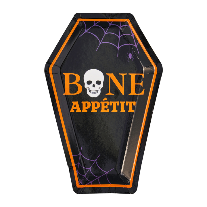 The Sophistiplate Haunted Halloween Die Cut Salad Plate (8pk) features a coffin-shaped black design accented with orange trim, purple spiderwebs, and the phrase “Bone Appétit” in orange text—complete with a skull replacing the O in “Bone.” Part of the Haunted Halloween Collection, this eye-catching piece of party tableware is perfect for serving treats at your celebration.