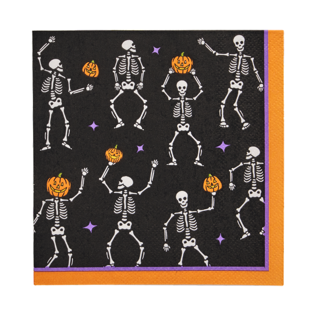 Add a touch of spooky fun to your Halloween table with Sophistiplate’s Haunted Halloween Cocktail Napkins (26pk): Black napkins adorned with dancing skeletons—some holding or wearing jack-o-lanterns—plus scattered orange and purple stars and a matching orange-and-purple border, perfect for festive party decor.