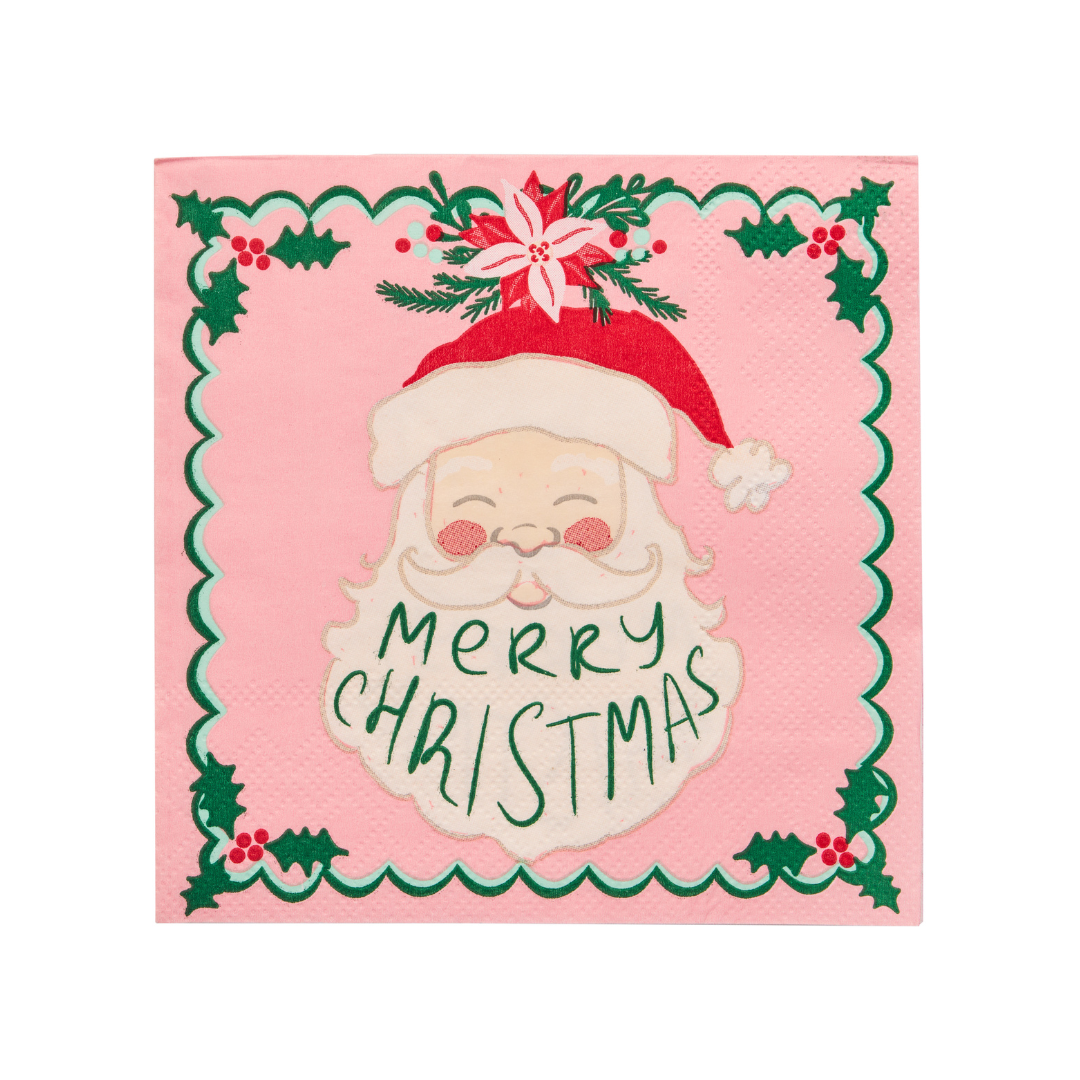 Add festive flair to your holiday gatherings and paper tableware collection with Sugarplum’s Tis the Season Lunch Napkins (20pk). These pink napkins feature a charming drawing of Santa’s face adorned with holly decorations, along with “Merry Christmas” written in green across Santa’s beard.