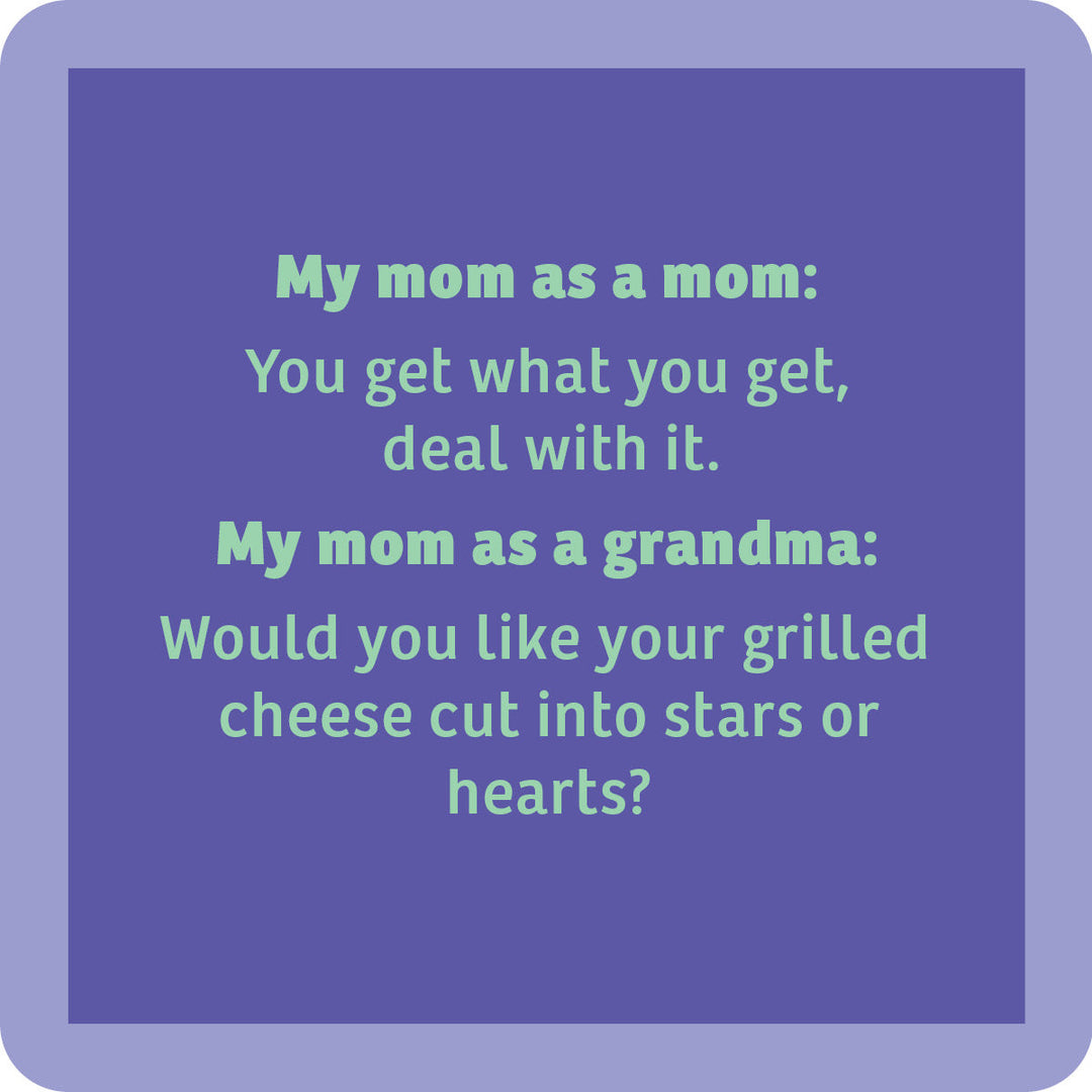 A square image with a purple background and light blue border showcases the text: My mom as a mom vs. grandma—funny contrast! The perfect Mother's Day gift: Cheers to Mom Gift Set 1 from Sophistiplate LLC.