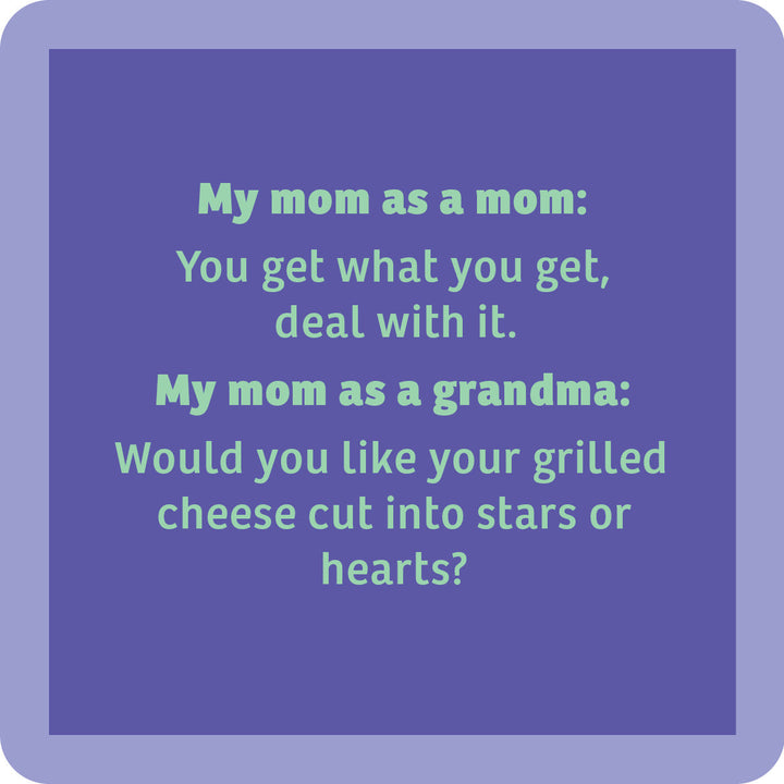 A square image with a purple background and light blue border showcases the text: My mom as a mom vs. grandma—funny contrast! The perfect Mother's Day gift: Cheers to Mom Gift Set 1 from Sophistiplate LLC.