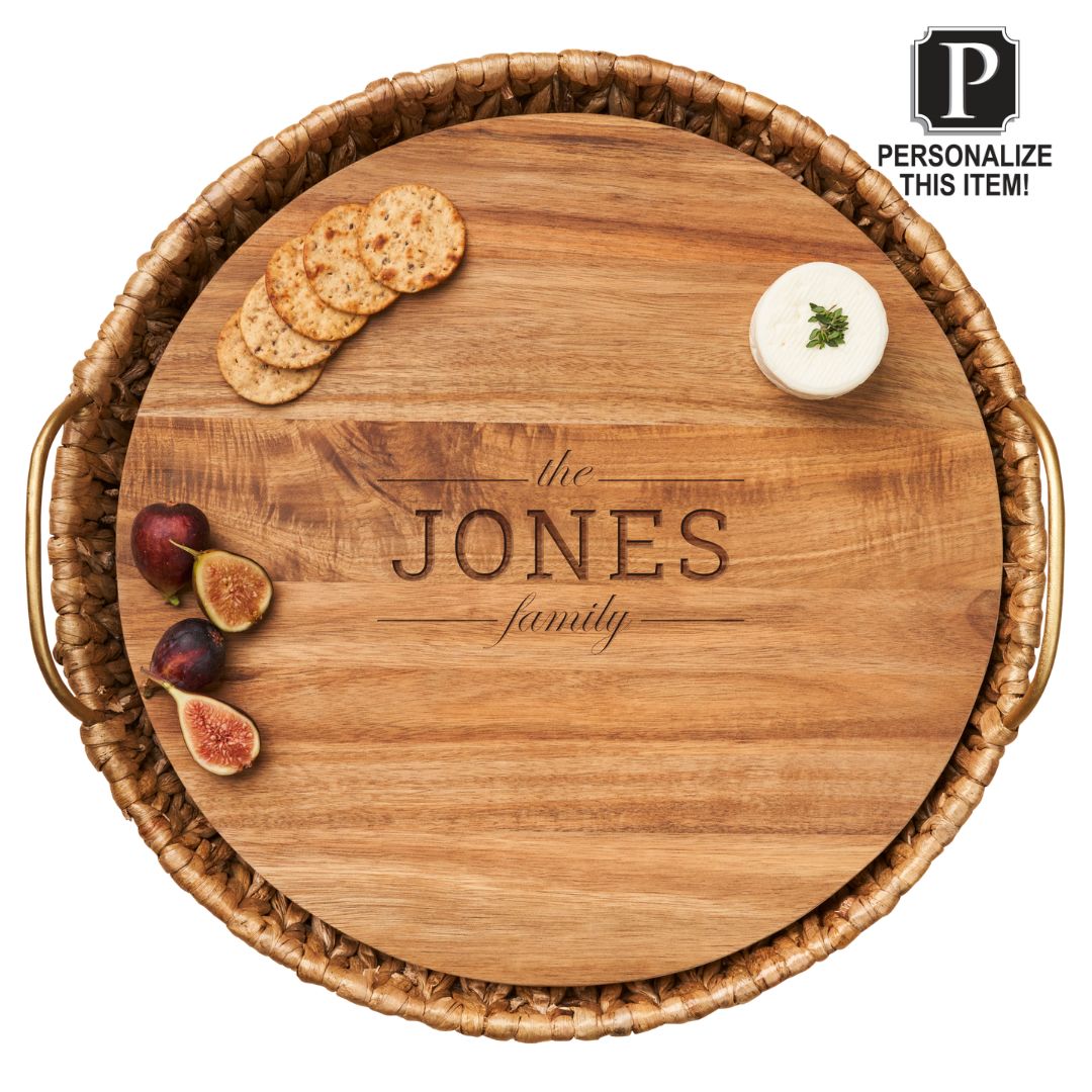 Water Hyacinth Round Tray with Metal Handles and Acacia Wood Liner | Personalize | 17.5 x 17.5 x 4.5”