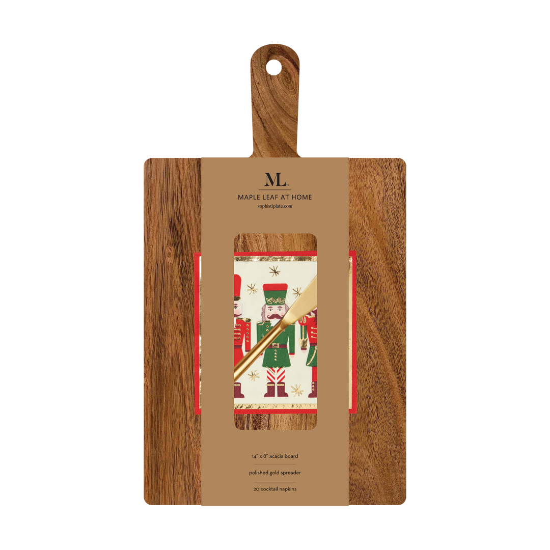14″ x 8″ Board Gift Kit w/ Gold Spreader: Nutcracker Christmas featuring an acacia wood charcuterie board, a gold spreader, and a pack of nutcracker Christmas napkins.