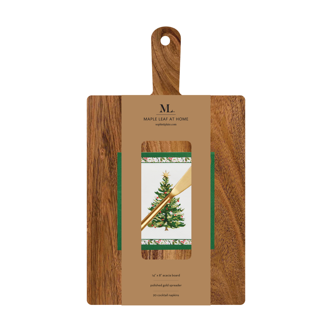 Sophistiplate 14″ x 8″ Board Gift Kit w/ Gold Spreader: Home for the Holidays featuring an acacia wood charcuterie board, a rectangular sleeve with a Christmas tree illustration, a gold-colored spreader, and a stack of napkins.